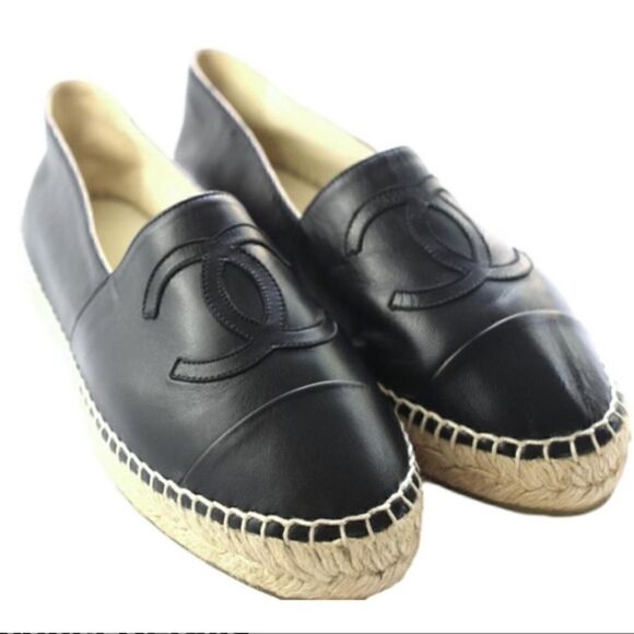 ❤️SOLD❤️CHANEL Black Lambskin Leather Size 37 Espadrille - Picture 1 of 16